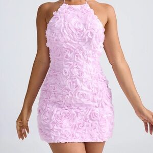 Floral-Appliqué Halterneck A-Line Mini Dress in Lilac